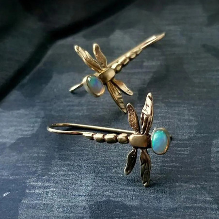 Golden Dragonfly Earrings with Opal | Cute Nature Jewelry Gift