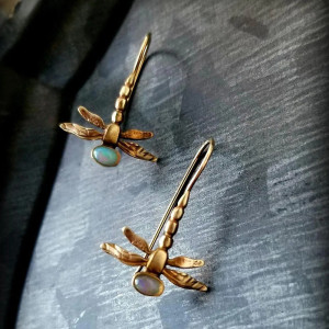 Golden Dragonfly Earrings with Opal | Cute Nature Jewelry Gift