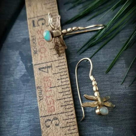 Golden Dragonfly Earrings with Opal | Cute Nature Jewelry Gift