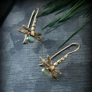 Golden Dragonfly Earrings with Opal | Cute Nature Jewelry Gift