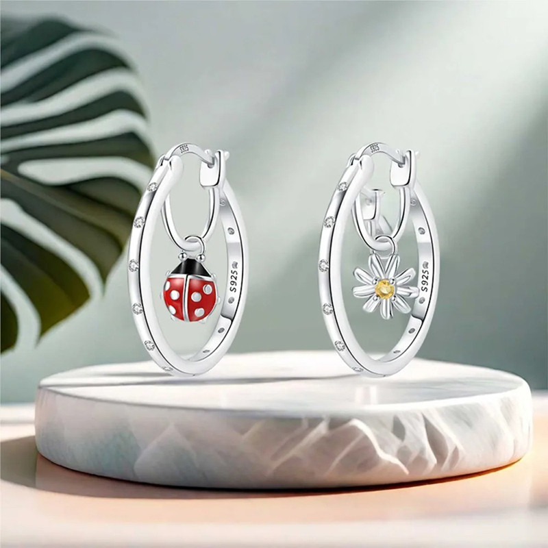 Cute Ladybug & Daisy Earrings | 925 Sterling Silver Jewelry