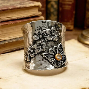 Silver Blossom Butterfly Ring - Vintage Boho Floral Jewelry