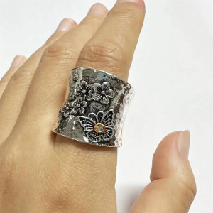 Silver Blossom Butterfly Ring - Vintage Boho Floral Jewelry