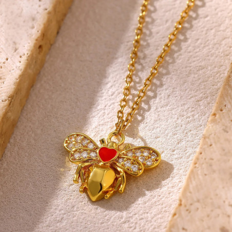 Cute Golden Bee Necklace with Red Heart & Sparkling Crystals