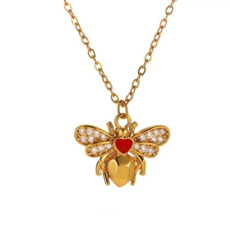 Cute Golden Bee Necklace with Red Heart & Sparkling Crystals