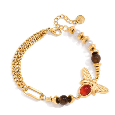 Unique Gold Bee Charm Bracelet - Red Stone & Natural Pearls