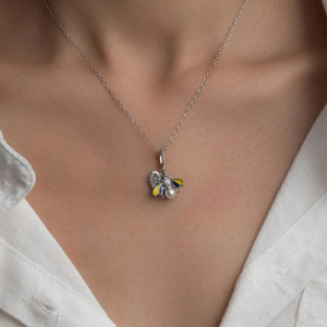 Worn view of Elegant Bee Pearl Necklace - Gold & Silver