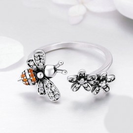 Bague Abeille en argent Sterling 925  taille ajustable avec abeille et fleurs pour femmes