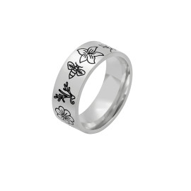 Anneau abeille de type chevalière  motif hibiscus - modèle argent