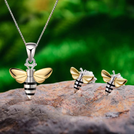 Clous abeilles plaqués argent et pendentif assorti