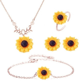 Parure tournesol  boucles d'oreilles, bracelet, pendentif et bague -  or rose