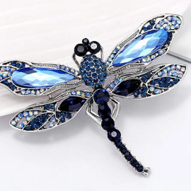 Broche libellule vintage en cristal bleu