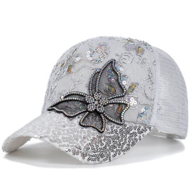 Casquette de baseball avec Grand Papillon Strass et Fleurs - Couleur Blanc