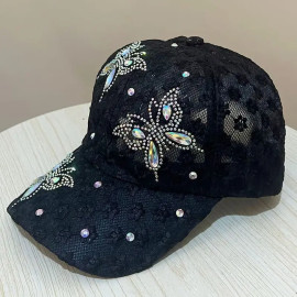 Casquette de baseball respirante avec Grands Papillons en Strass - Couleur Noir