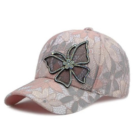 Casquette Papillonl brodée de Fleurs et de Papillons en dentelle et Stra - Couleur Rose
