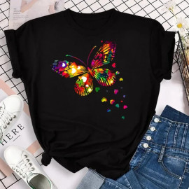 T-shirt Grand Papillon Multicolor et Vol de Petits Cœurs couleur Noir