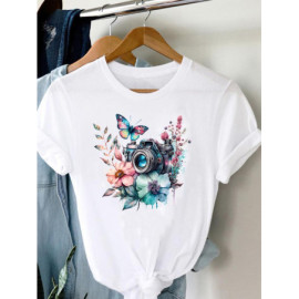 T-shirt Papillons imprimé Appareil photo et Papillon sur Fleur couleur blanc