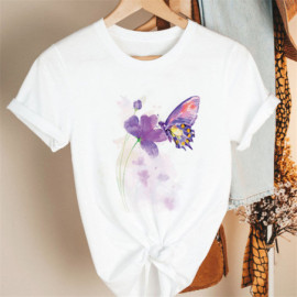 T-Shirt Grande Fleur Violette et Papillon Violet