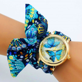 Montres Bracelet Papillon à Quartz Bracelet en tissu Bleu Fleuri