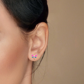 Vue Portée des Boucles d'oreilles Libéllule Rose et Bleue Desing en Argent Sterling 925