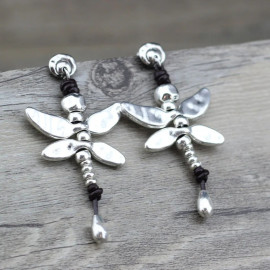 Cute Leather & Silver Dragonfly Earrings | Gift for Women
