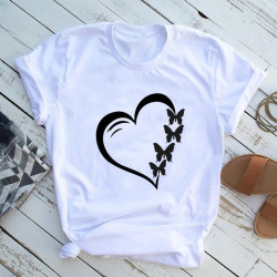 T-shirt Papillons imprimé d'un Cœur et de 4 Papillons de Couleur Noir