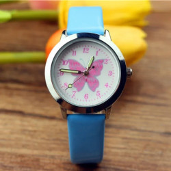Montre Papillon Cartoon à Quartz pour enfant avec Bracelet en cuir couleur bleu