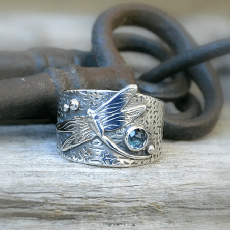 Bague Libellule Vintage Strass Bleu Et Libéllule Sculptée