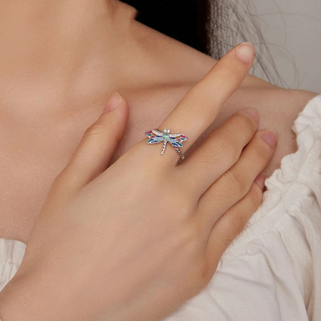 Vue générale Bague Ouverte Libéllule en Argent Sterling 925 - Libellule Pierre Strass Arc-en-Ciel