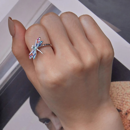 Vue détaillée Bague Ouverte Libéllule en Argent Sterling 925 - Libellule Pierre Strass Arc-en-Ciel