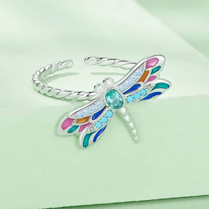 Vue côté Guauche Avant Bague Ouverte Libéllule en Argent Sterling 925 - Libellule Pierre Strass Arc-en-Ciel