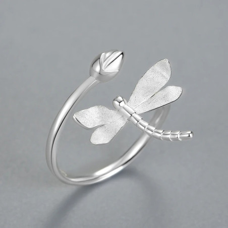 Bague Libélulle en Argent Sterling 925 et Or 18k - Libellule et bourgeon de Lotus couleur Argent