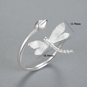 Dimension de la Bague Libélulle en Argent Sterling 925 et Or 18k - Libellule et bourgeon de Lotus couleur Argent