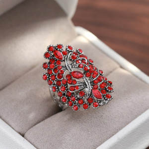 Vue générale de la Large Bague Libéllule Réglable Design Libellule Creuse en Cristal Rouge