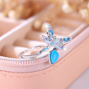 Détails de la Bague Llibéllule couleur Argent Libéllule Bleure avec goutte d'eau