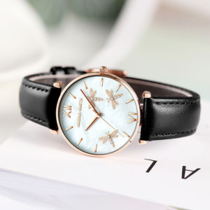 Montre Libéllule avec Strass avec bracelet en Cuir pour femme