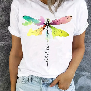 Vue Portée T-shirt libéllule col rond imprimé libellule "Let it Be" couleur Blanc