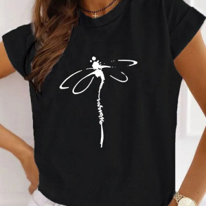 Vue Portée T-shirt libéllule col rond à manches courtes pour femmes imprimé libellule - 6 couleurs disponibles